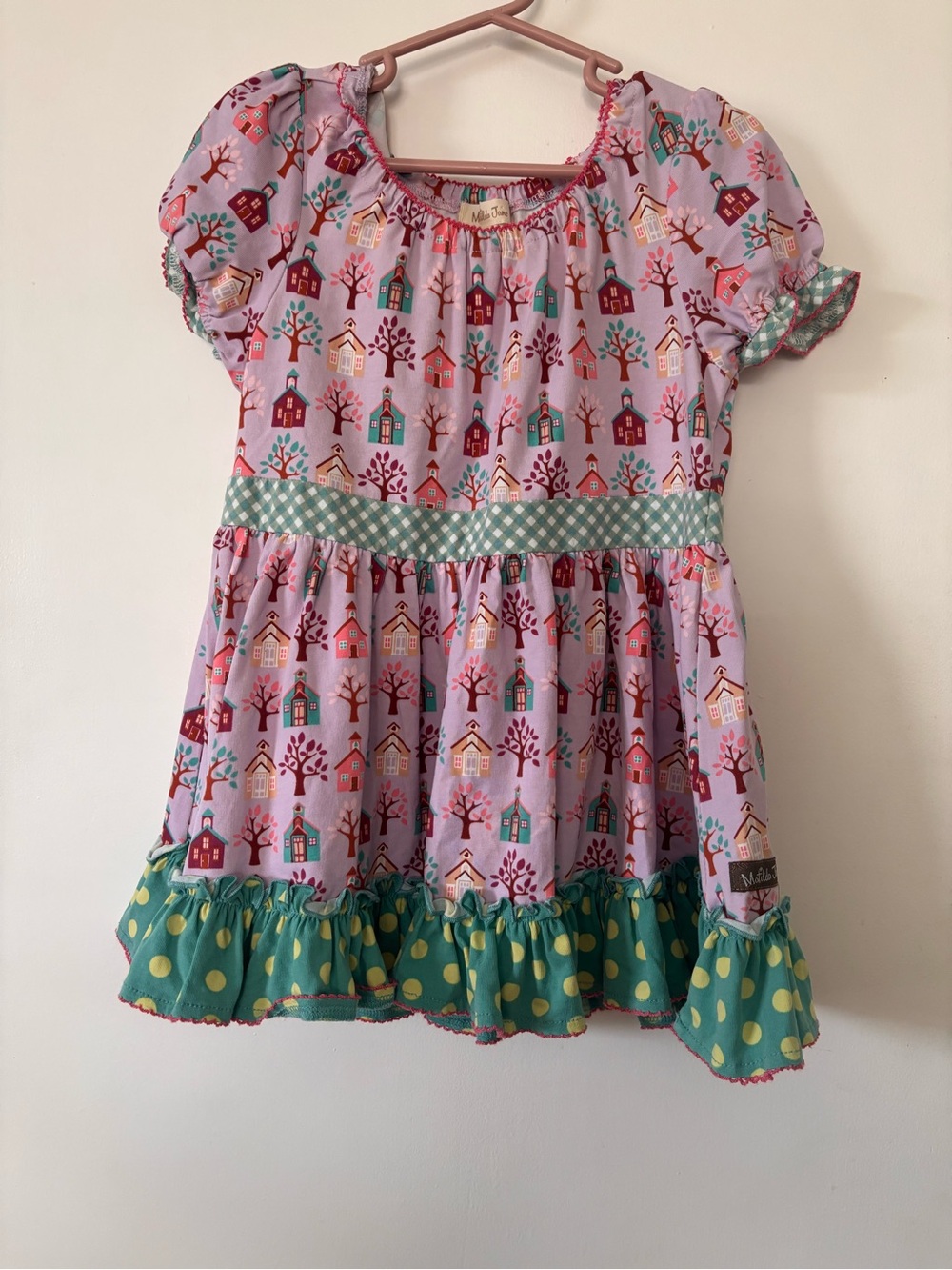 Girls Lavender House Print Peasant Dress with Mint Polka Dot Trim